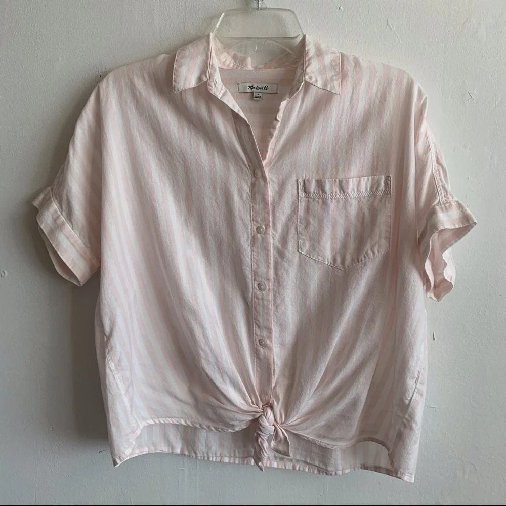 Madewell Tie Front Shirt in Pink Stripe Medium Size S